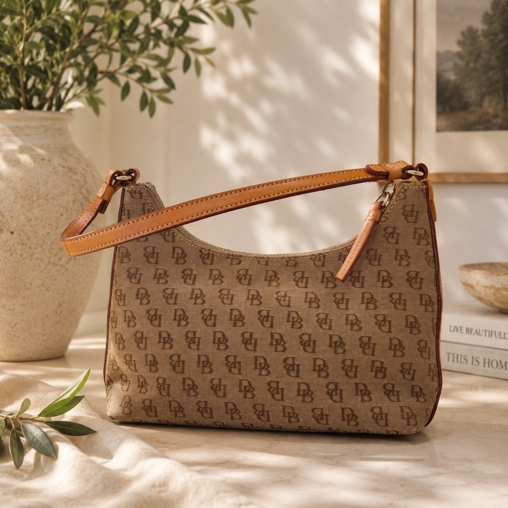 Dooney & Bourke Monogram Canvas Baguette Shoulder Bag Brown Tan H2 789470